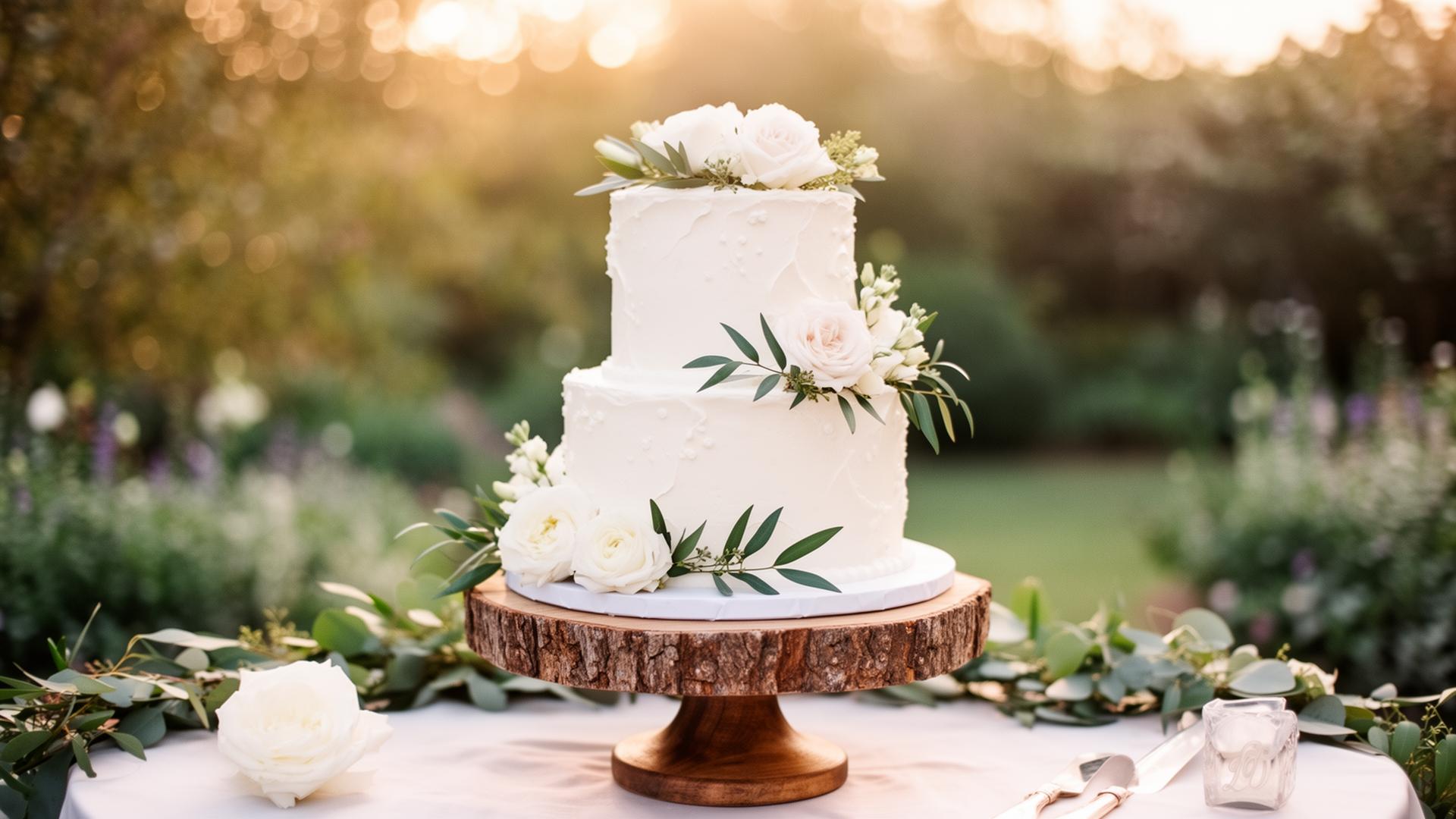 Two-tier wedding cake with white roses at golden hour